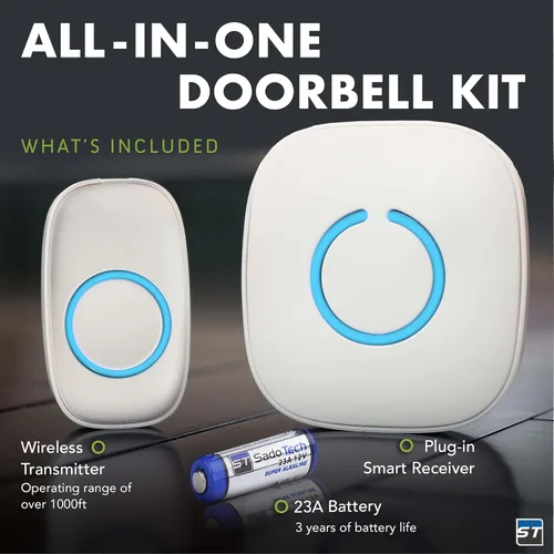 Vista 2 de Timbre inalámbrico de SadoTech – Kit de timbres y timbres impermeables inalámbricos – Rango de más de 1000 pies, timbre de 52 tonos, 4 niveles
