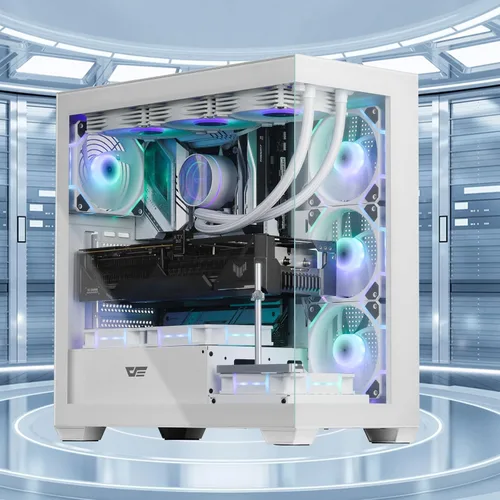 Vista 9 de darkFlash Carcasa ATX de media torre para PC, preinstala 4 ventiladores PWM ARGB, carcasa de computadora para juegos de vidrio templado doble Blanco