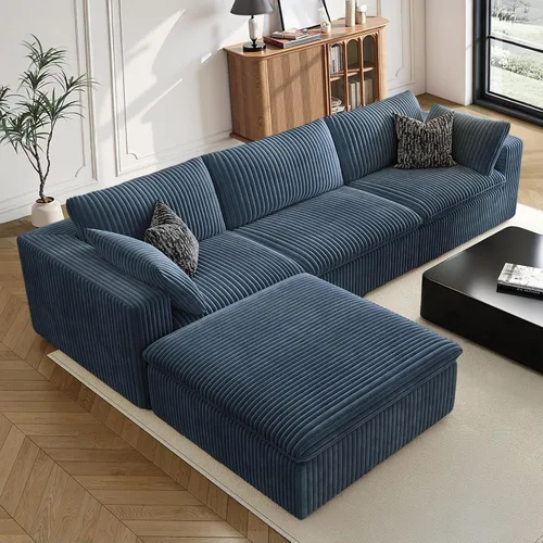 Vista 28 de 118" Cloud Couch Oversized Modular Sectional Sofa, Boneless L-Shaped 6 Seater Deep Seat Couch with Ottoman, Soft Corduroy Upholstery, DIY Negro
