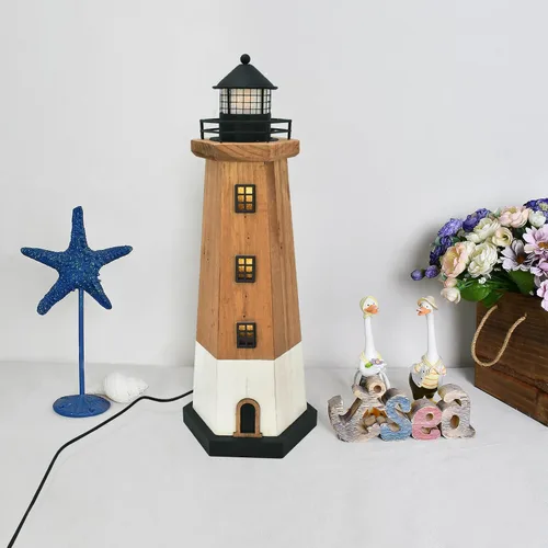 Vista 3 de Decoración de faro de madera con luz LED Centro de mesa náutico Marrón