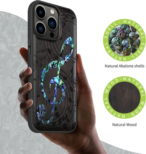 Vista 2 de Carveit Funda magnética protectora de madera de diseñador para iPhone 14 Pro Max [grabado en madera e incrustaciones de carcasa] Funda de madera