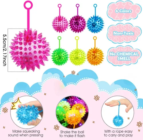 Vista 2 de Sotiff 9 piezas de bola iluminada con luces LED hinchables intermitentes, chirriantes, multicolor, juguete sensorial de goma, premios de carnaval