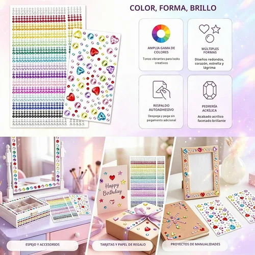 Vista 7 de 1610 gemas para el cabello, diamantes de imitación autoadhesivos para maquillaje de ojos, 15 colores, diamantes de imitación arcoíris, joyas