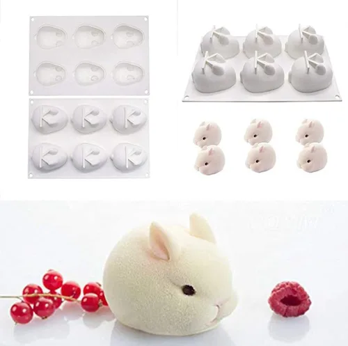 Vista 7 de Molde de silicona para pastel de conejo de 6 cavidades para mousse de chocolate, postre, jalea, pudín, helado, pastelería, pan, horno, herramientas