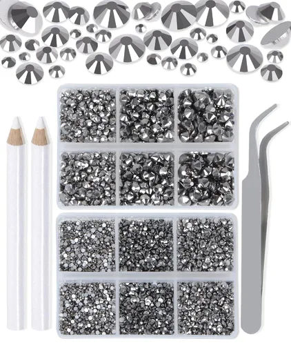 Vista 41 de LPBeads 6000 unidades de diamantes de imitación negros no termofijos, 6 tamaños, cristal redondo, con parte trasera plana, pinzas y bolígrafo