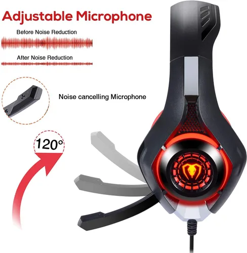 Vista 6 de Auriculares estéreo para juegos para PlayStation 4 PS4, auriculares con micrófono y luces LED para Xbox One, PC, laptop (rojo)