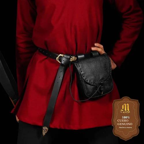 Vista 3 de Mythrojan - Bolso de Cintura de Cuero Vikingo - Accesorios para Vestimenta Medieval y Renacentista - Bolso de Cintura LARP - Bolso de Monedas