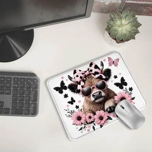 Vista 6 de Highland - Alfombrilla de mouse de vaca con lazo rosa coqueta floral para mouse inalámbricos, computadora portátil, accesorios de escritorio, 9.5 x