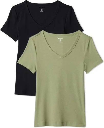 Vista 24 de Amazon Essentials Camiseta ajustada de manga corta con cuello en V para mujer, paquete de 2 Negro