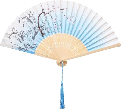 Vista 8 de QIRMIZI 5 ventiladores de mano – Elegantes ventiladores plegables de seda con marcos de bambú, ventilador plegable de flecos huecos, ventilador