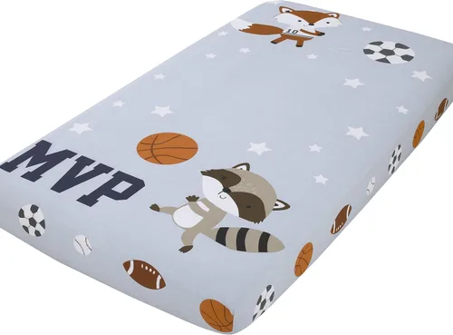 Vista 16 de NoJo Sleepysaurus - Sábana bajera ajustable para cuna, 100% algodón, diseño de hojas de dinosaurio azul, amarillo, gris y blanco