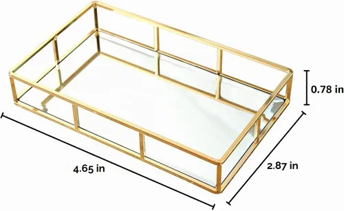 Vista 7 de Bandeja con espejo PuTwo, bandeja dorada para cómoda, bandeja decorativa de metal, bandeja de joyas y perfumes, bandeja para maquillaje para Dorado