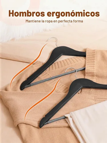 Vista 6 de HOUSE DAY - Paquete de 10 perchas de madera negra, percha de madera maciza con barra antideslizante para pantalones, percha de abrigo de madera Negro