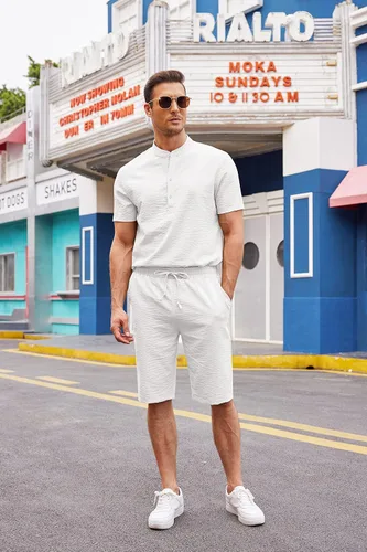 Vista 4 de COOFANDY Conjunto de 2 piezas de lino para hombre, camisas Henley casuales de manga corta, pantalones cortos de yoga para la playa, pantalones