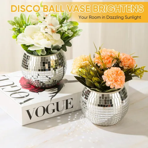 Vista 2 de 6 piezas de jarrón de bola de discoteca para centros de mesa, decoración de bola de discoteca, florero con espejo plateado para bodas, cumpleaños
