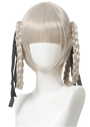 Vista 4 de Peluca negra de doble trenza, pelucas de cosplay de anime para peluca de disfraz de Halloween