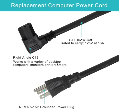Vista 3 de Cable de alimentación de computadora en ángulo recto de 3 pies, enchufe NEMA 5-15 a cable de alimentación IEC C13, cable de alimentación universal