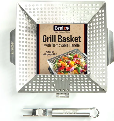 Vista 10 de Cesta de parrilla ajustable con mango extraíble – 4 niveles de altura para verduras, carne, pescado y más – Cesta de barbacoa con tapa de bloqueo