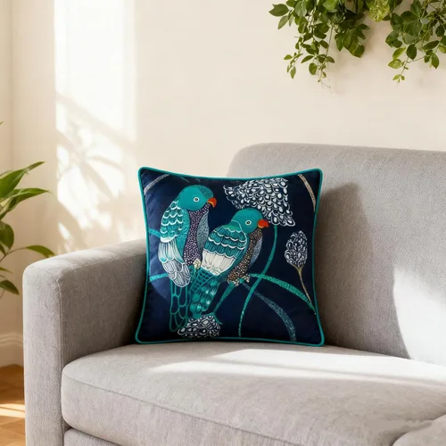 Vista 2 de Funda de almohada decorativa de loro verde azulado, diseño floral de pájaros tropicales, funda de almohada suave de lujo bohemia para sofá, cama