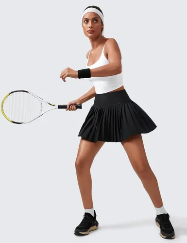 Vista 3 de CRZ YOGA Faldas de tenis plisadas de cintura alta para mujer con bolsillos, control de abdomen, forro casual, línea A, para entrenamiento y golf