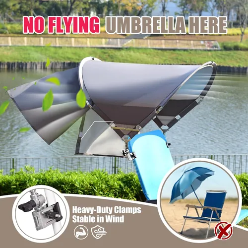 Vista 3 de Toldo universal XL resistente al viento para silla, extra grande plegable UPF 50+ con abrazadera ajustable, se adapta a la mayoría de la playa