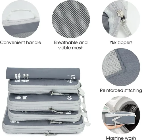 Vista 6 de ECOHUB Juego de 5 cubos de compresión para maletas, bolsas organizadoras, juego de artículos esenciales de viaje con bolsas de zapatos para viajes