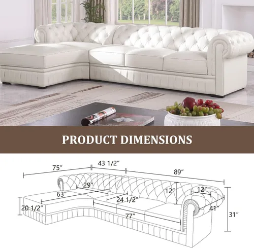 Vista 2 de FUOROLA Sofá modular de cuero genuino, juego de sofá en forma de L de lujo, muebles de sala de estar, sofá Chesterfield con diseño capitonado