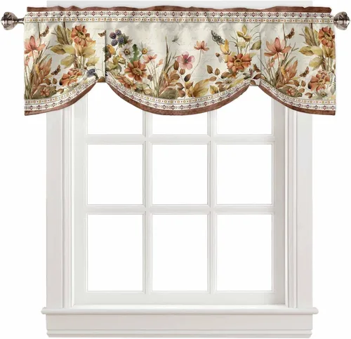 Vista 45 de Cortinas de cocina de Navidad, cenefa semitransparente ajustable con lazo, muñeco de nieve, copo de nieve, bolsillo para barra, tratamiento