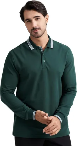 Vista 2 de Polo de piqué para hombre, manga larga, con punta de mezcla de algodón, casual, con cuello, ajuste clásico