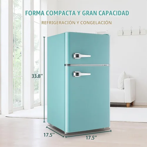 Vista 4 de WANAI Mini Refrigerador Compacto Pequeño con Congelador, Mini Refrigerador Retro con Doble Puerta, 7 Termostato Ajustable, Estantes Ajustables Para