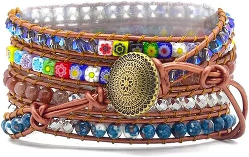 Vista 4 de Correa de reloj de cuerda trenzada con cuentas, estilo bohemio, gira 5 veces, múltiples capas, compatible con reloj Apple Watch de 45 mm, 41 mm, 44
