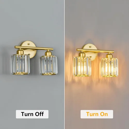 Vista 6 de Lámpara de tocador moderna de cristal de 2 luces, accesorio de luz vertical dorada para baño sobre espejo para mesa de tocador y fregadero