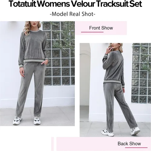 Vista 4 de Totatuit Conjunto de 2 piezas de terciopelo para mujer, sudadera de manga larga sin botones y pantalones con bolsillo