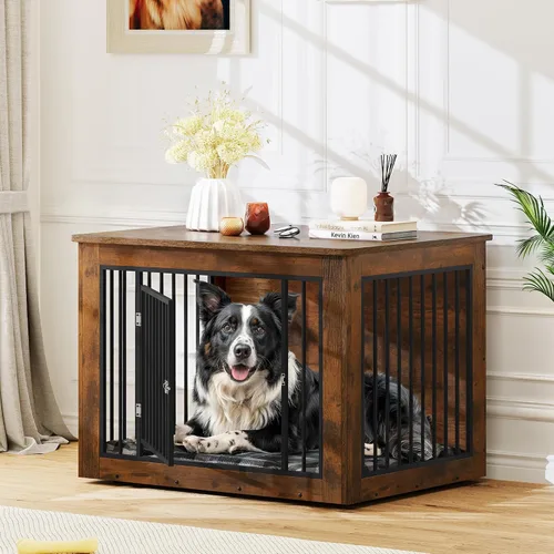 Vista 7 de YITAHOME Mueble de jaula para perros grandes, mesa auxiliar lateral, perrera moderna para perros de interior de hasta 60 libras, jaula de fusión