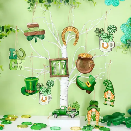 Vista 2 de Spiareal 36 piezas Adornos de día de San Patricio en madera, adorno colgante de trébol verde, gnomo verde, camión, recorte de madera, decoración