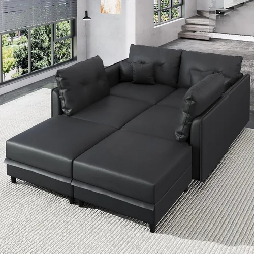 Vista 4 de LLappuil Sofá cama modular en forma de U de 6 plazas con almacenamiento, asiento profundo de piel sintética para sala de estar, impermeable y Negro