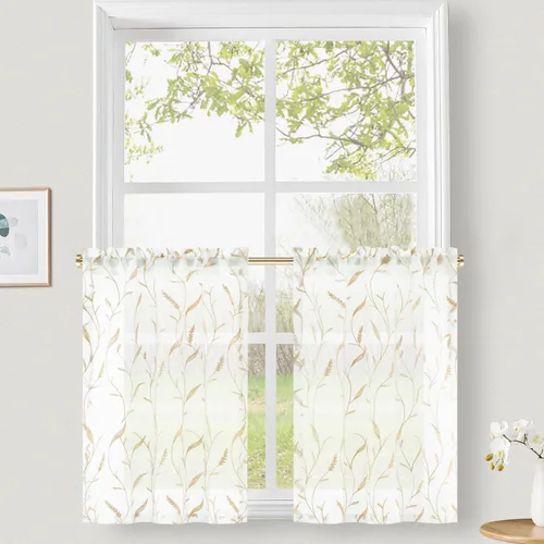 Vista 29 de VOGOL Juego de cortinas transparentes bordadas y cenefas para sala de estar, con bolsillo para barra blanca, par de cortinas traslúcidas