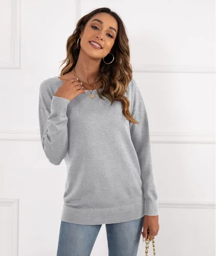 Vista 2 de LILBETTER suéter holgado de manga larga, con hombro descubierto, cuello cuadrado, para mujer, de punto