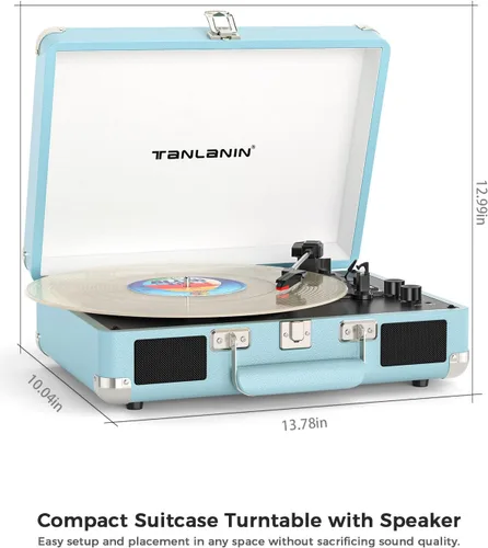 Vista 12 de Tocadiscos de maleta Bluetooth con altavoces integrados, control de graves y agudos, tocadiscos de transmisión por correa de 3 velocidades