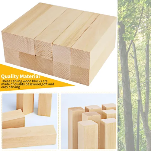 Vista 4 de Paquete de 10 bloques de tallado de tilo, bloques de madera maciza suave de 4 x 1 x 1 pulgada, bloques de madera sin terminar para tallar y tallar