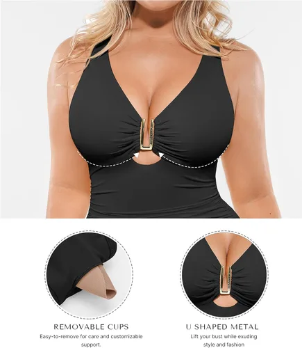 Vista 4 de SHAPELLX Traje de baño de una pieza con cuello en V para mujer, con control de abdomen, con corte fruncido