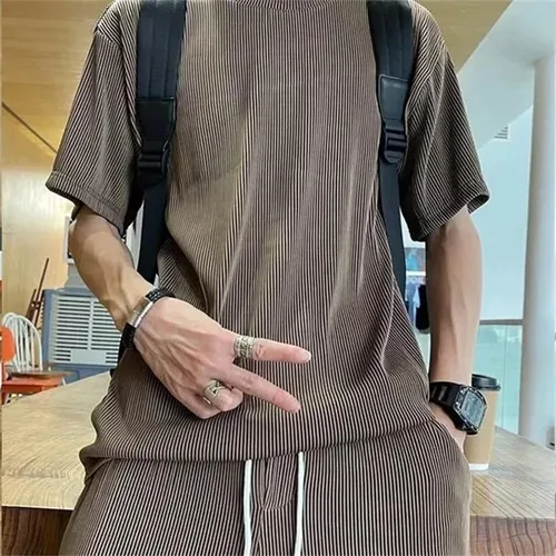 Vista 4 de Traje casual para hombre de seda de hielo Conjunto de seda de hielo suelto elástico para verano, pantalones deportivos (azul marino, 4XL)