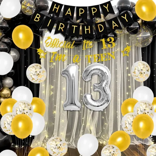 Vista 6 de Decoraciones de cumpleaños número 13 para niños y niñas, suministros de fiesta de cumpleaños número 13 negro dorado con pancarta colgante en espiral