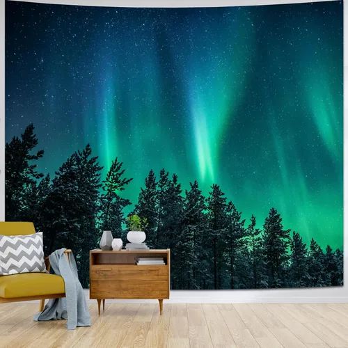 Vista 7 de Atrippy Tapiz verde de naturaleza forestal para dormitorio, paisaje brumoso, telón de fondo para colgar en la pared, mural de pared grande, tapices