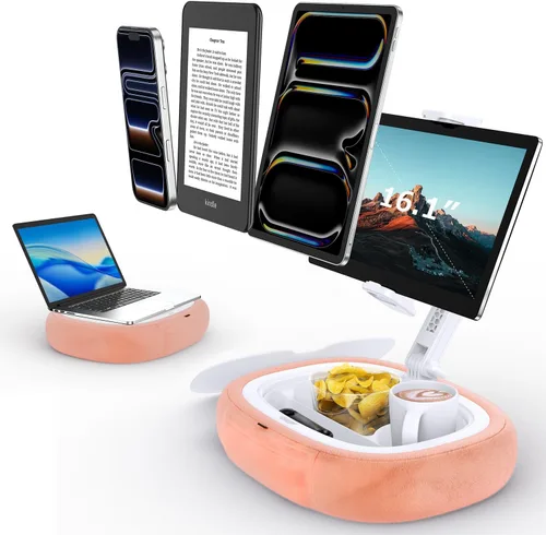 Vista 9 de Tryone Soporte de almohada para tableta y soporte para portátil: soporte ajustable para iPad con cuenco para aperitivos, almohada de felpa suave
