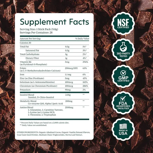 Vista 7 de milamend Balance hormonal para mujeres 40:1 Myo-inositol D-Chiro Inositol Suplemento + CoQ10, ALA y aminoácidos – Fertilidad, Ovario y Ciclo – Polvo