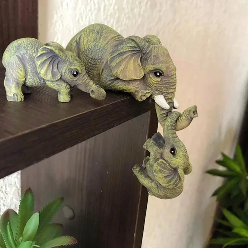 Vista 2 de Juego de 3 piezas de estatua de decoración de elefante, madre y dos bebés colgantes, adornos para sala de estar, dormitorio, decoración del hogar
