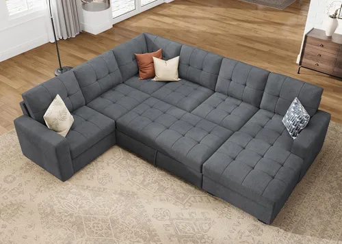 Vista 10 de HONBAY Sofá Seccional Cama Extraíble, Sofá Seccional en Forma de U con Chaise de Almacenamiento, Sofá Cama para Sala de Estar, Beige