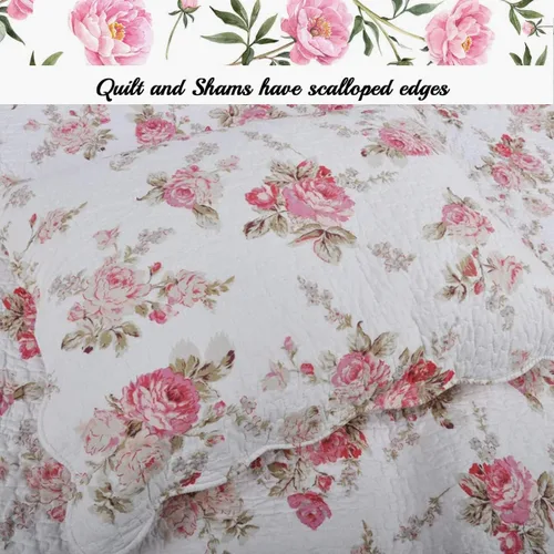 Vista 8 de Juego de ropa de cama edredón de algodón de 3 piezas tamaño Queen, estilo cottage romántico con peonías rosa melocotón shabby chic chintz floral a