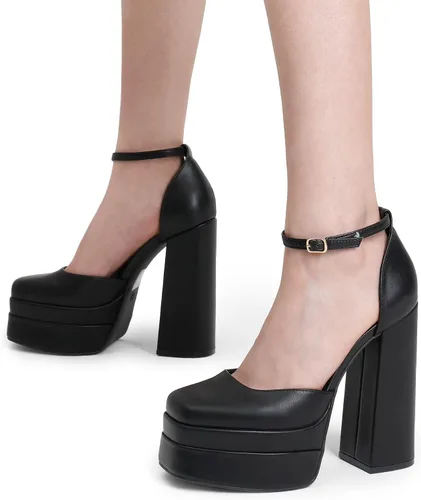 Vista 5 de DREAM PAIRS Zapatos de tacón alto y grueso para mujer, con puntera cerrada, puntera cuadrada, correa al tobillo, para boda, fiesta, zapatos de tacón